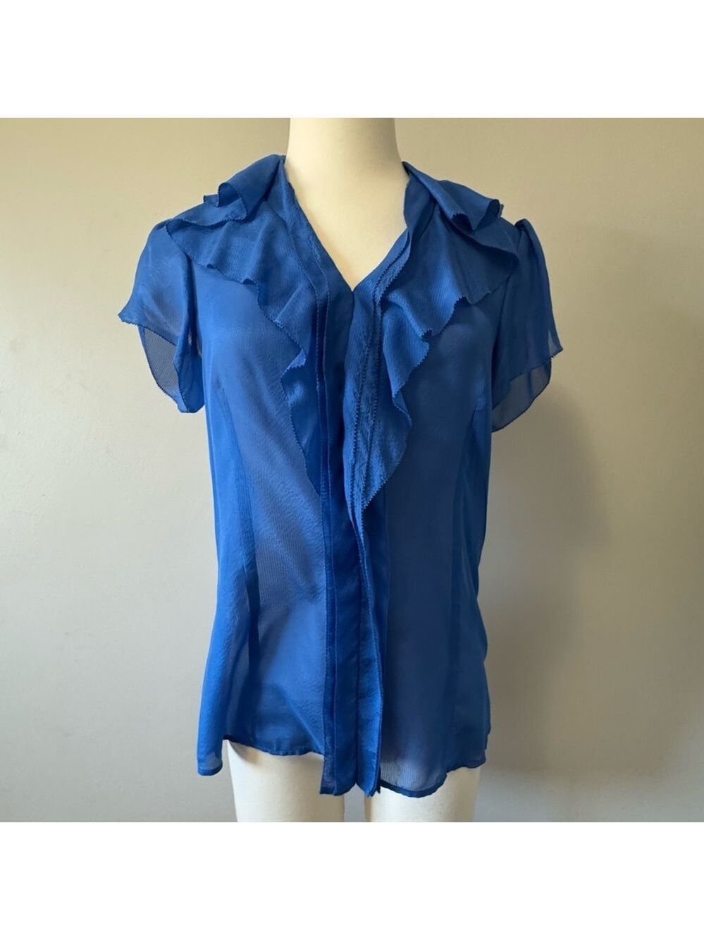 BCBGMaxAzria Royal Blue Ruffled Blouse 100% Silk Small
